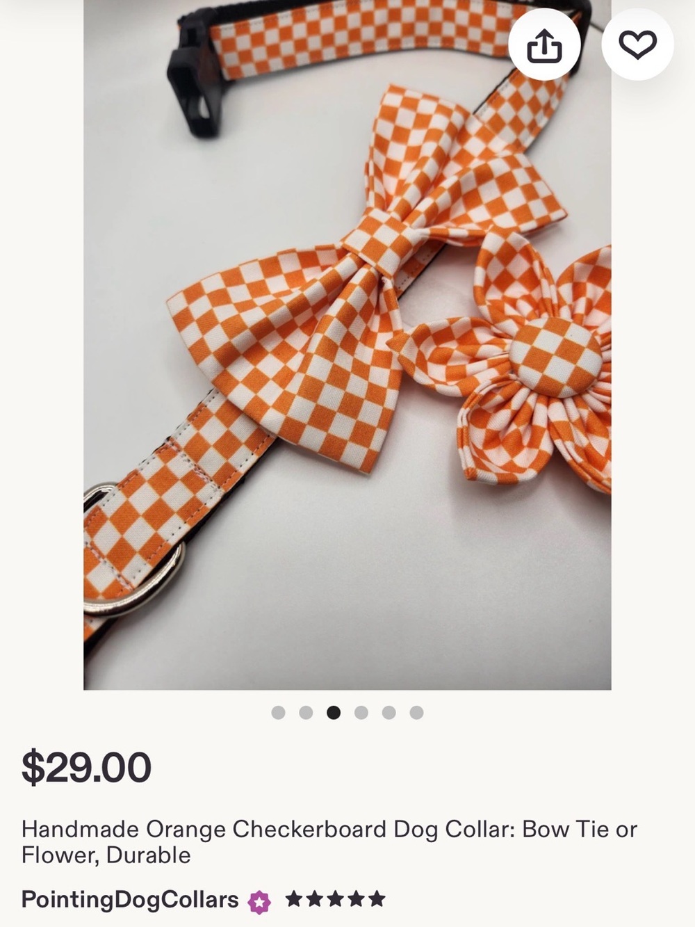 Orange Checkered Dog Collar with Bow & Flower